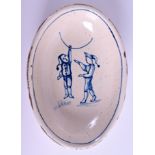 A RARE 18TH CENTURY FRENCH FAIENCE OVAL DISH possibly Moustiers, painted with a hanging figure. 13