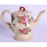 AN UNUSUAL 18TH CENTURY LEEDS CREAMWARE POTTERY TEAPOT painted with flowers. 16 cm wide.