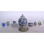 A 19TH CENTURY CHINESE BLUE AND PORCELAIN JAR & COVER, together with a Qianlong snuff bottle etc. (