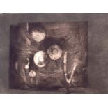 AN UNFRAMED 1950'S ABSTRACT ETCHING OF INDUSTRIAL INSPIRATION, “Mechanics”. 18 cm x 14 cm.