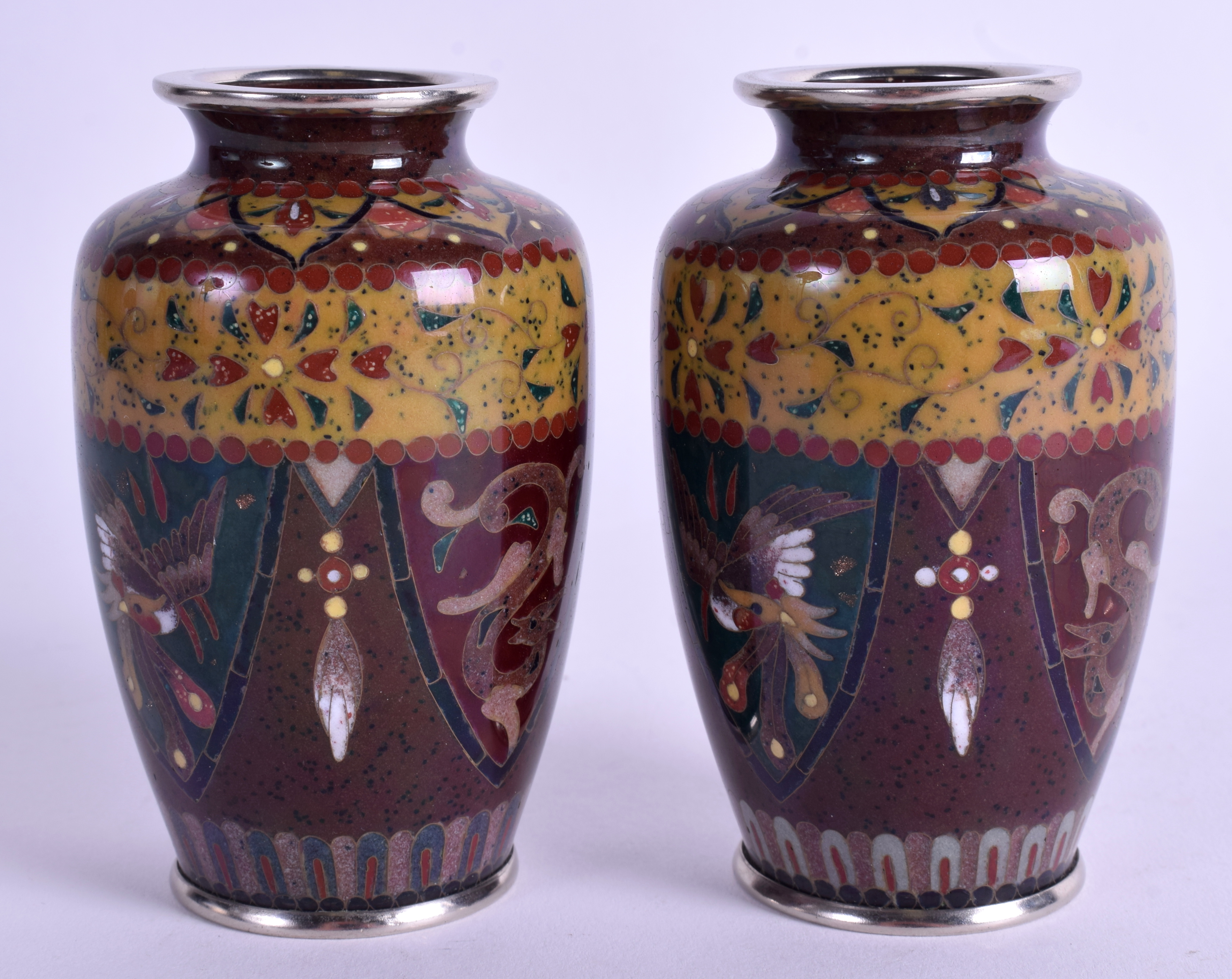 A PAIR OF EARLY 20TH CENTURY JAPANESE MEIJI PERIOD SILVER CLOISONNÉ ENAMEL VASES. 9.75 cm high. - Image 2 of 3