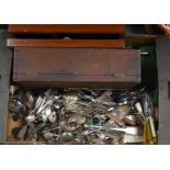 A QUANTITY OF SILVER PLATED FLATWARE, together with two wooden cases. (qty)