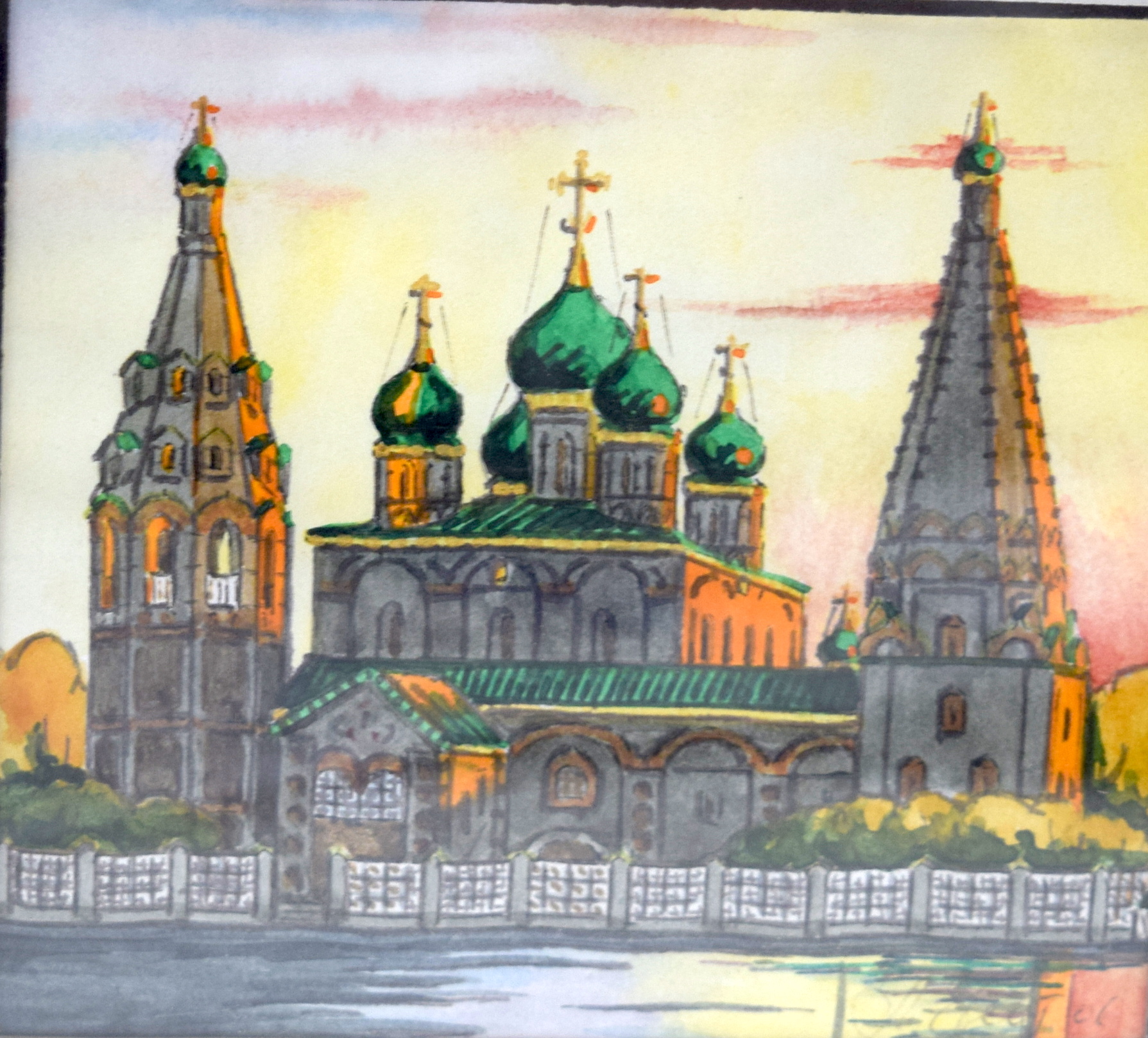 RUSSIAN SCHOOL (20th century) FRAMED WATERCOLOUR, “The Church Of Elijah The Prophet Moscow”, August