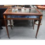 A GOOD EDWARDIAN MAHOGANY BIJOUTERIE CABINET ON STAND, decorated with satinwood inlay and formed up