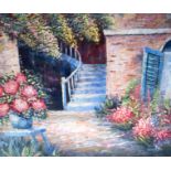 BARON (European) UNFRAMED IMPRESSIONIST OIL ON CANVAS, signed, flowers beside a building. 51 cm x 6