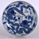 A 20TH CENTURY CHINESE BLUE AND WHITE PORCELAIN DISH BEARING KANGXI MARKS, painted with opposing dr