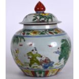 A 20TH CENTURY CHINESE DOUCAI PORCELAIN JAR AND COVER LONGQING MARKS, painted with children in a la