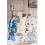 A JAPANESE HAND COLOURED PRINT, depicting a male voyeur spying on a group of bathing females. 20 cm