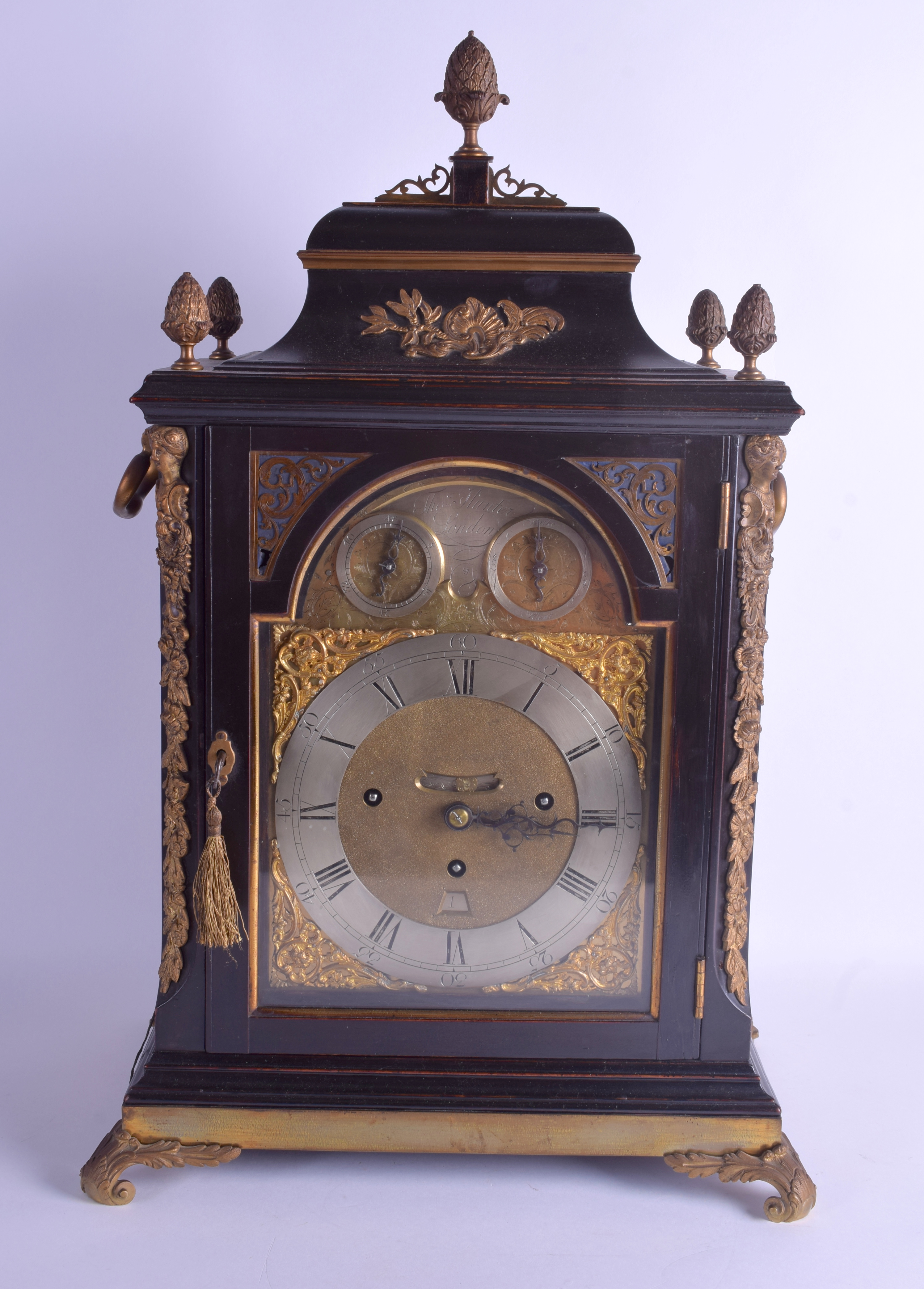 A FINE AND RARE MID 18TH CENTURY EBONISED BRACKET CLOCK C1745 by Thomas Hunter of London, the silve