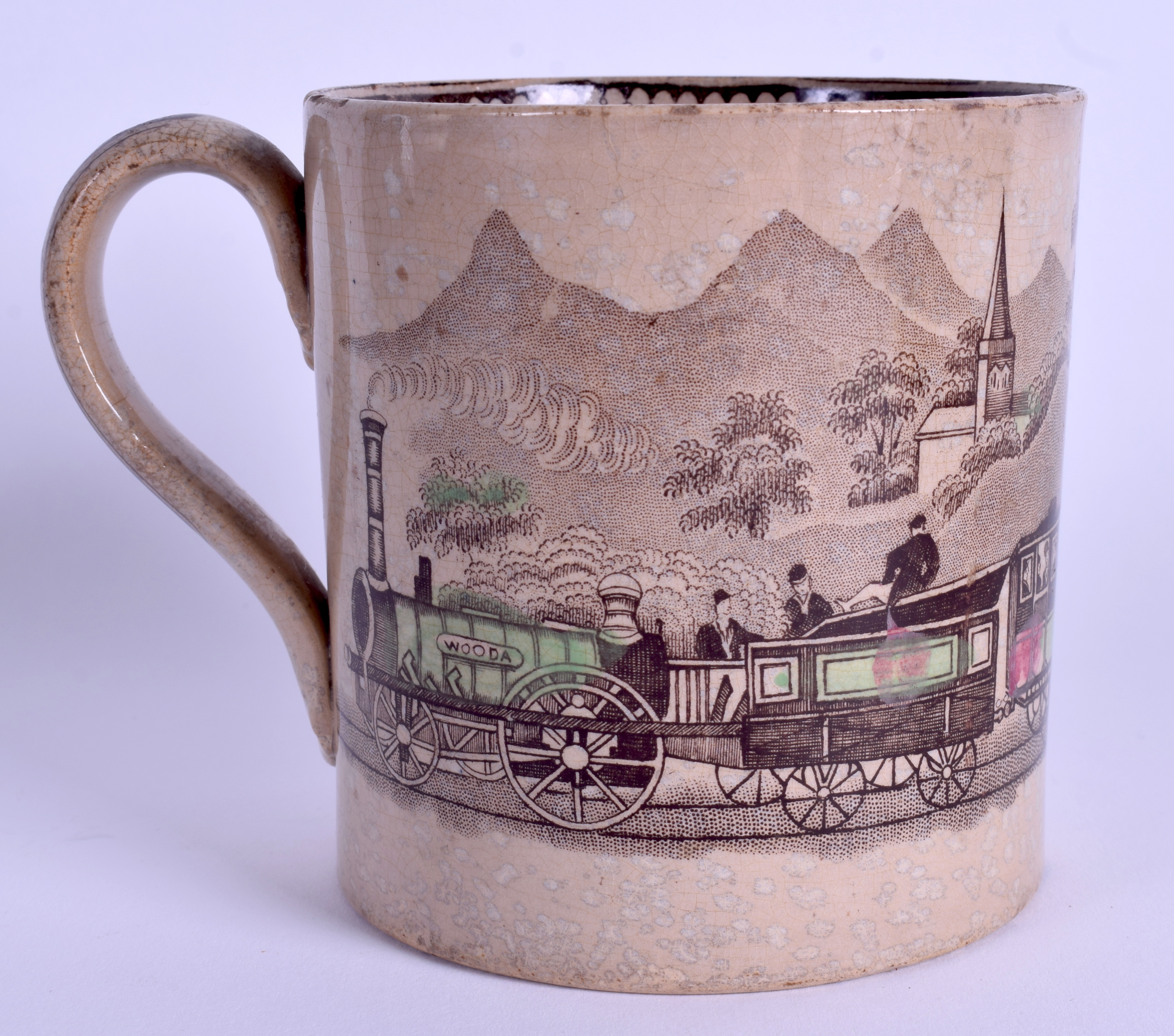 A RARE 19TH CENTURY STAFFORDSHIRE PRINTED TANKARD decorated with a locomotive. 12 cm x 10 cm. - Image 2 of 3