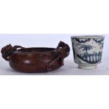 A CHINESE BRONZE BRUSH WASHER, together with a blue and white wine cup. Censer 11.5 cm wide. (2)