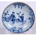 AN 18TH CENTURY CHINESE BLUE AND WHITE PORCELAIN SAUCER, painted with figures in a landscape. 11.75