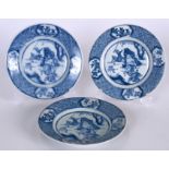 A SET OF THREE CHINESE KANGXI STYLE PORCELAIN SAUCERS, decorated with figures on horseback. 12.5 cm