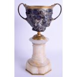 AN ANTIQUE TWIN HANDLED SILVER PLATED CLASSICAL VASE. 27 cm x 15 cm.
