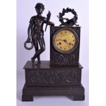 A 19TH CENTURY FRENCH BRONZE MANTEL CLOCK modelled as a classical male holding a flame. 37 cm x 21