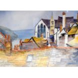 LINDA AMOS (Cornish) FRAMED WATERCOLOUR, signed “Port Isaac”, Cornwall. 30.5 cm x 41 cm.