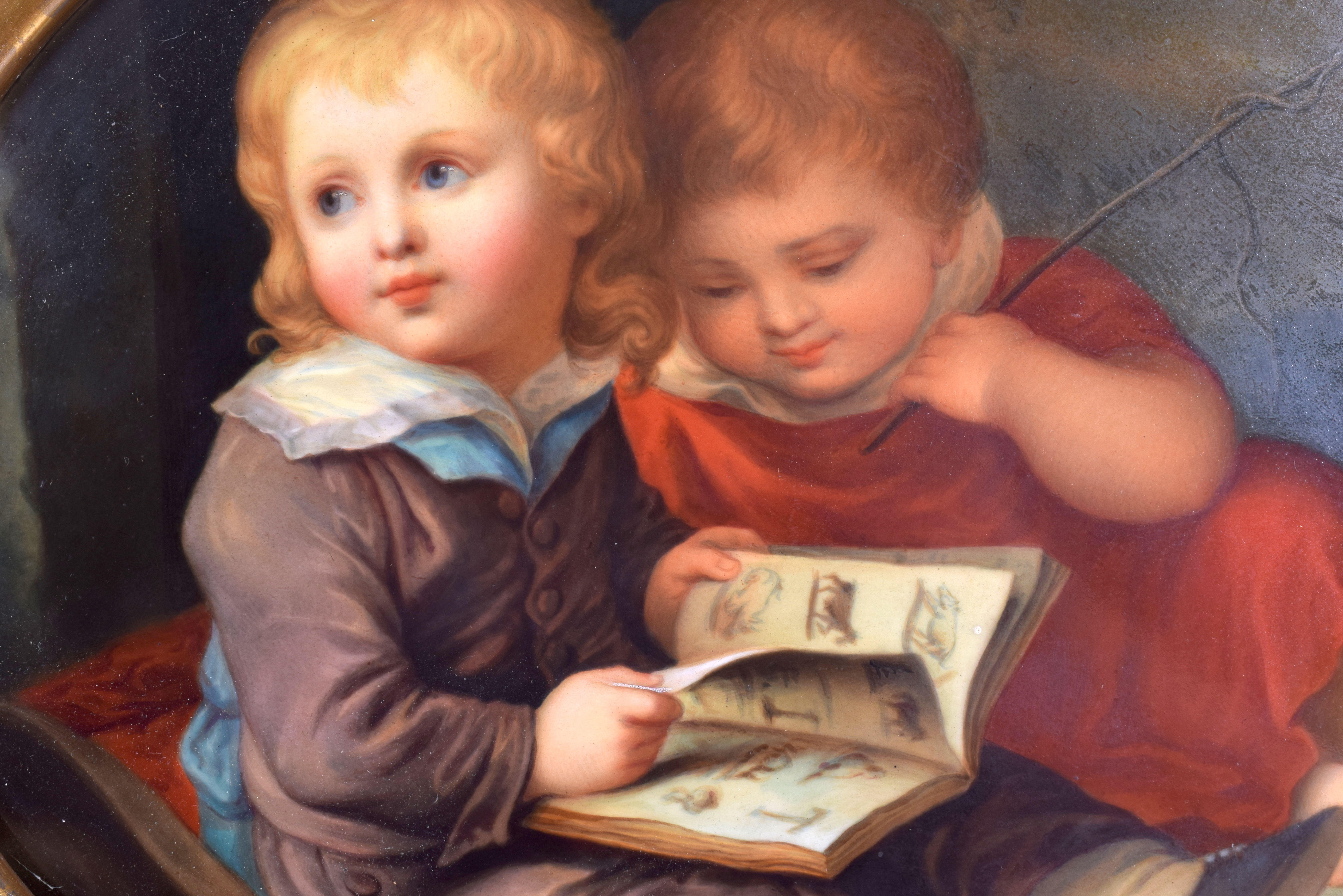 A VERY RARE 19TH CENTURY KPM BERLIN PORCELAIN PLAQUE painted with two children within landscapes. I - Image 2 of 8