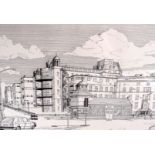 A FRAMED PEN & INK DRAWING VICTORIA INFIRMARY HOSPITAL GLASGOW, in a black acrylic frame. 18.5 cm x