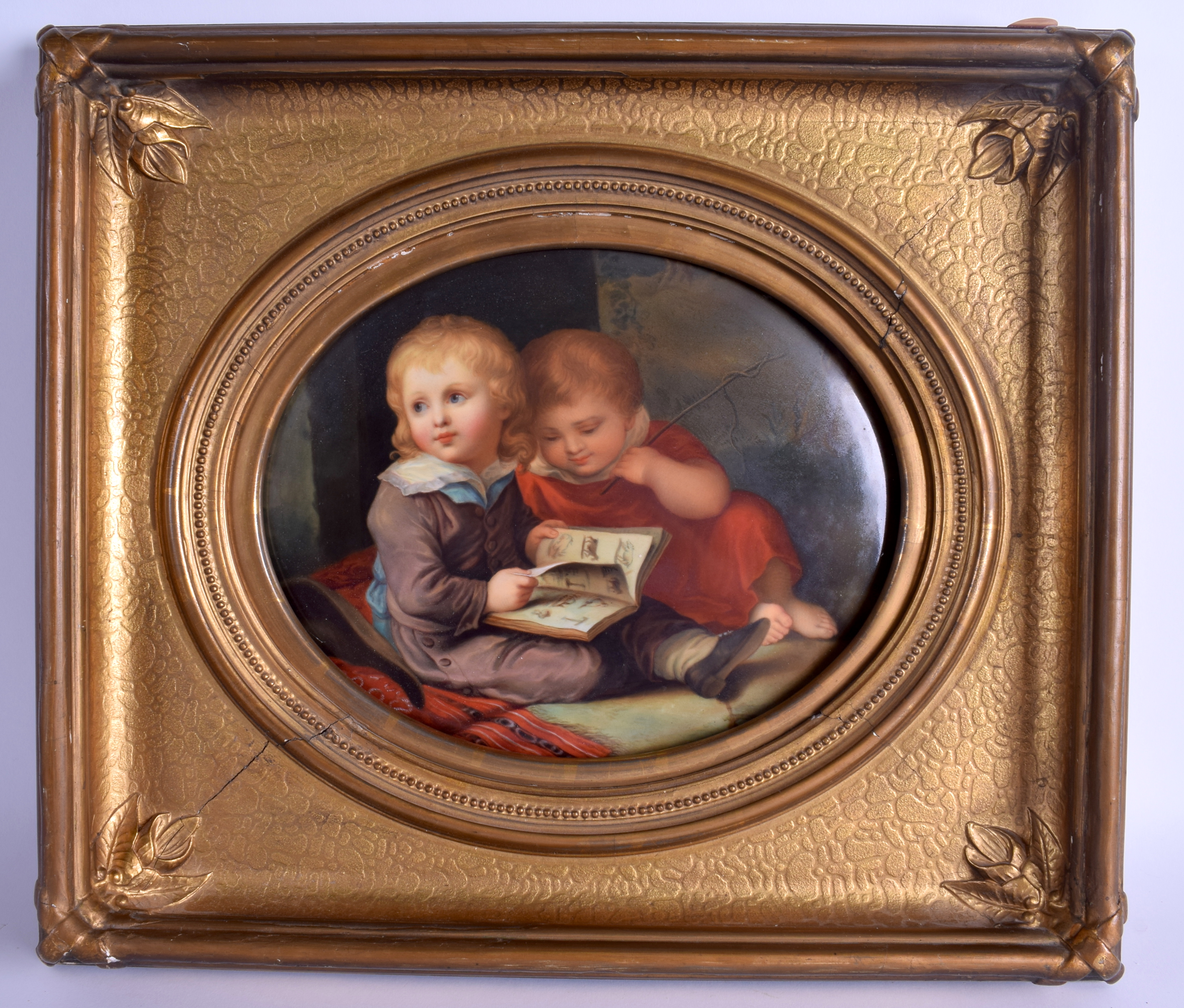 A VERY RARE 19TH CENTURY KPM BERLIN PORCELAIN PLAQUE painted with two children within landscapes. I