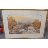 BRITISH SCHOOL (19th/20th century) FRAMED WATERCOLOUR, unsigned, a figure on a bridge in a mountain