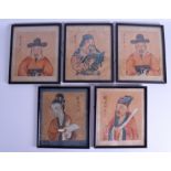 A SET OF FIVE 19TH CENTURY CHINESE WATERCOLOURS depicting figures. Image 17 cm x 20 cm. (5)