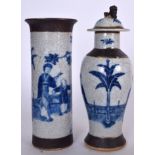 A LATE 19TH CENTURY CHINESE BLUE AND WHITE PORCELAIN SLEEVE VASE,together with a similar vase and c