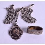 A SILVER DOUBLE ALBERT WATCH CHAIN & a Victorian silver scarf clip. (2)