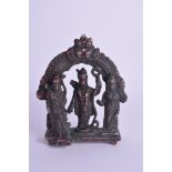 AN INDIAN COPPER BRONZE BUDDHISTIC GROUP. 12 cm x 9 cm.