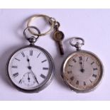 TWO ANTIQUE SILVER FOB WATCHES. 4.5 cm wide. (2)