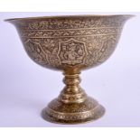 AN ANTIQUE MIDDLE EASTERN SAFAVID PERSIAN BRASS STEM BOWL. 11 cm x 14 cm.