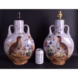 A FINE RARE PAIR OF 19TH CENTURY OPALINE GLASS TWIN HANDLED FLASKS converted to lamps, enamelled wi