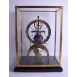 AN UNUSUAL BRASS AND ENAMEL SKELETON GLASS CASED CLOCK. Clock 47 cm x 18 cm.