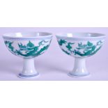 A PAIR OF CHINESE FAMILLE VERTE DRAGON STEM CUPS. 7 cm high.