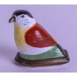 AN 18TH CENTURY BATTERSEA BILSTONE ENAMEL BIRD PILL BOX. 4.5 cm x 4.5 cm.