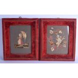A RARE PAIR OF 19TH CENTURY RED VELVET FRAMES depicting embroidered figures within landscapes. Over
