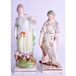 A PAIR OF ANTIQUE PEARLWARE STAFFORDSHIRE FIGURES. 24 cm & 22 cm high.