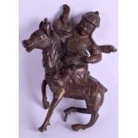 A 19TH CENTURY CHINESE POLYCHROMED BRONZE WARRIOR modelled upon a horse. 12 cm x 15 cm.