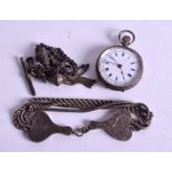 AN ANTIQUE SILVER FOB WATCH with chain. 2.5 cm wide.