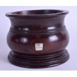 AN 18TH CENTURY TREEN FRUITWOOD SILVER INLAID MORTAR. 10 cm x 8 cm.