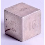 A RARE VINTAGE SILVER DICE. 2 cm wide.