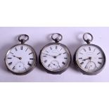 THREE ANTIQUE SILVER POCKET WATCHES. (3)