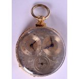 A RARE ANTIQUE 18CT GOLD DOUBLE TIME KEEPER POCKET WATCH the case decorated with an eagle in flight