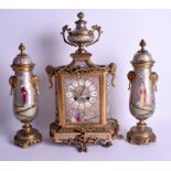 A 19TH CENTURY FRENCH SEVRES PORCELAIN CLOCK GARNITURE painted with figures and foliage. Mantel 42