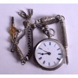 AN ANTIQUE SILVER FOB WATCH with chain. 2.5 cm diameter