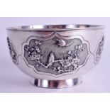 A 19TH CENTURY CHINESE EXPORT SILVER BOWL by Wo Shing, decorated with panels of landscapes. 107 gra