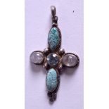 A SILVER TURQUOISE AND MOONSTONE CROSS PENDANT. 4.5 cm x 3 cm.