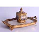 A MID 19TH CENTUR FRENCH ORMOLU ONX AND CHAMPLEVE ENAMEL INKWELL decorated with foliage and vines.