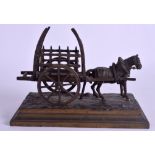 AN ANTIQUE CONTINENTAL BRONE HORSE AND CART. 18 cm x 13 cm.