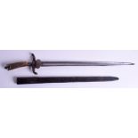AN EARLY 19TH CENTURY CONTINENTAL ANTLER HANDLED HUNTING SWORD, formed with an etched iron hilt and