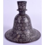 AN ANTIQUE BIRDI WARE ISLAMIC SILVER INLAID HUKKAH PIPE BASE. 16 cm x 12 cm.